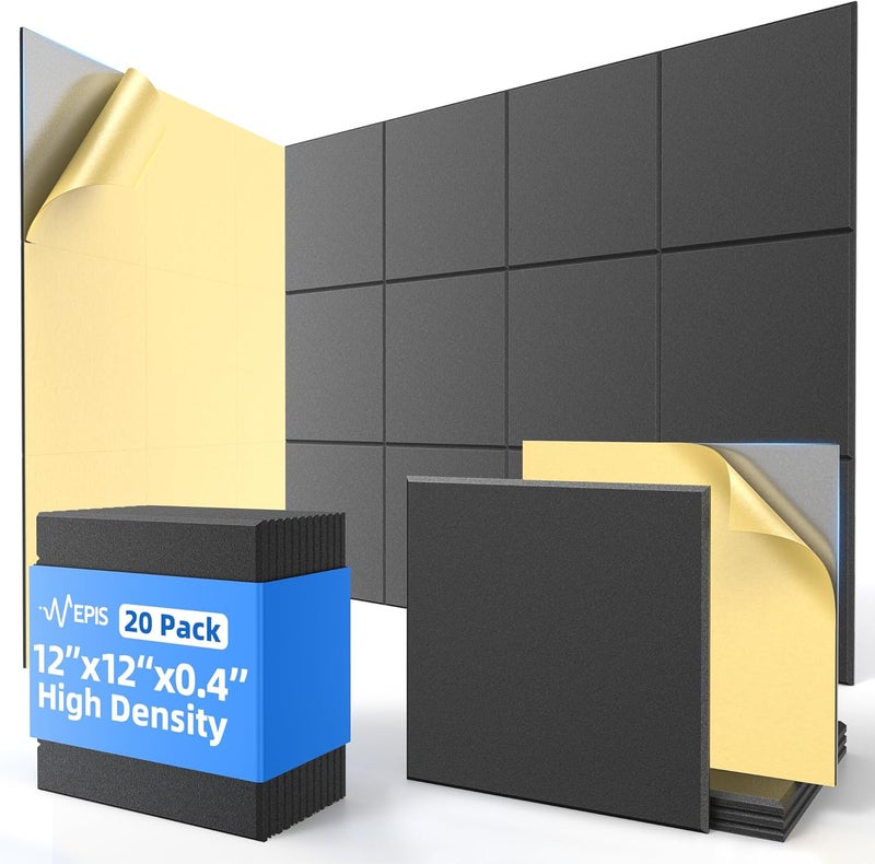 NEPIS 20 حزمة من الألواح الصوتية ذاتية اللصق، 12" × 12" × 0.4" ألواح رغوة عازلة للصوت عالية الكثافة للجدران، ألواح جدران عازلة للصوت، ألواح امتصاص الصوت المربعة لتزيين استوديو المنزل أو المكتب - أسود - Image 1